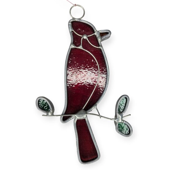 Red Stained Leaded Glass Cardinal Bird Suncatcher - Picture 2 of 8